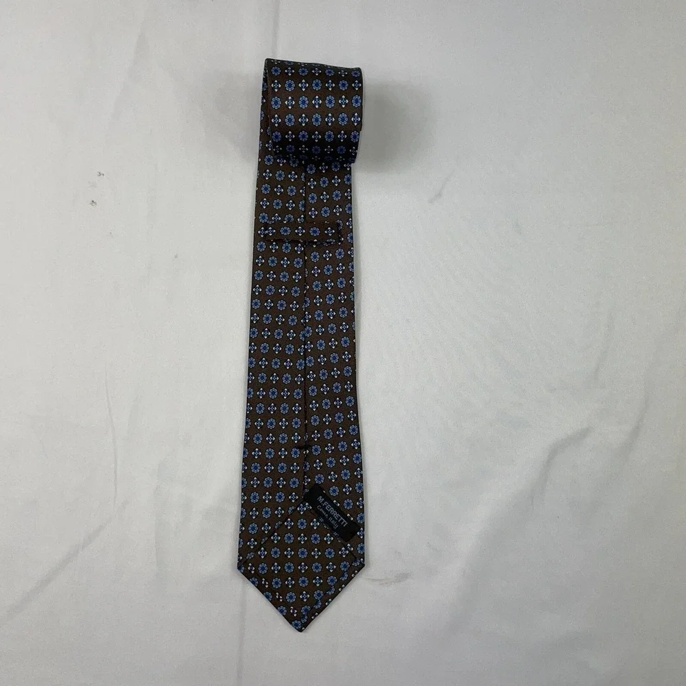 M.Ferretti Mens Brown Blue Floral Medallion Pure Silk Tie 3 Inch Width Italy